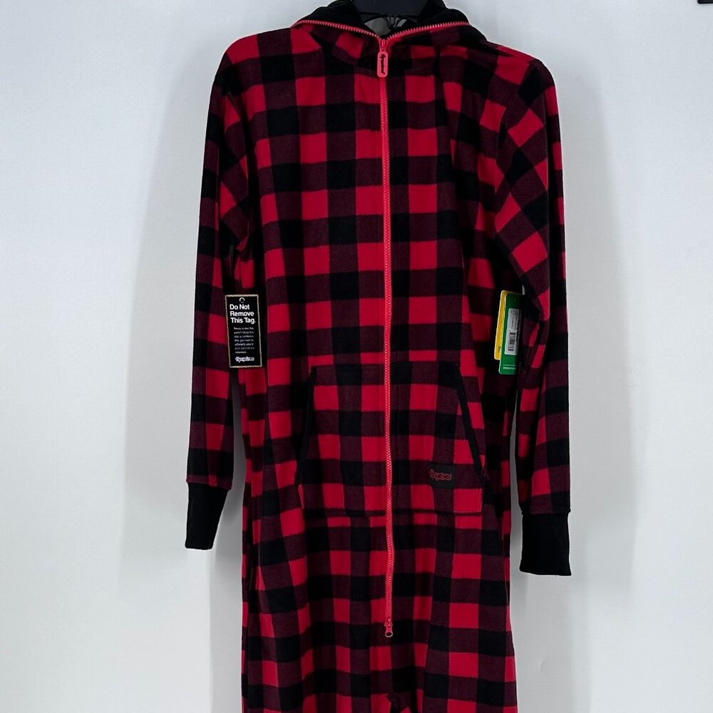 NWT Tipsy Elves Red and Black Buffalo Plaid Fleece Jumpsuit